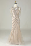 Sparkly Champagne Beaded Mermaid Long Prom Dress with Wrap