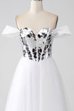 White A-Line Off the Shoulder Long Corset Prom Dress