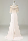 Sparkly Champagne Boat Neck Beaded Mermaid Long Prom Dress