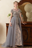 Sparkly Grey A Line Tulle Beaded Mother of Bride Dress