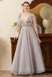 Glitter Grey A Line Backless Beading Mother of Bride Dress