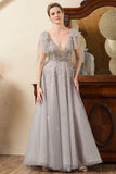 Glitter Grey A Line Backless Beading Mother of Bride Dress