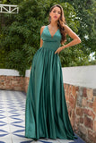 Green Deep V Neck Long Bridesmaid Dress