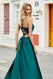 Trendy A Line Spaghetti Straps Peacock Green Long Prom Dress with Appliques