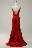 Spaghetti Straps Appliques Red Prom Dress with Slit