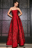 A-Line Strapless Elegant Princess Dark Red Long Prom Dress with 3D Flowers