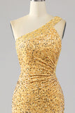 Mermaid Sequins One Shoulder Golden Prom Dress with Slit