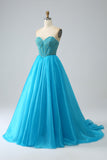 Blue Beaded Corset Prom Dress with Detachable Sleeves