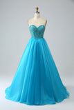 Blue Beaded Corset Prom Dress with Detachable Sleeves