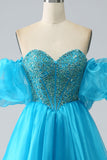 Blue Beaded Corset Prom Dress with Detachable Sleeves