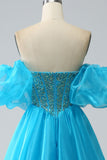 Blue Beaded Corset Prom Dress with Detachable Sleeves