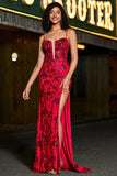 Stylish Dark Red Mermaid Spaghetti Straps Corset Long Prom Dress With Slit