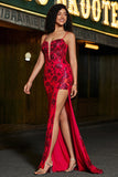 Stylish Dark Red Mermaid Spaghetti Straps Corset Long Prom Dress With Slit