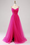 Fuchsia A-Line Spaghetti Straps Long Corset Prom Dress with Slit