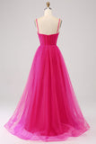 Fuchsia A-Line Spaghetti Straps Long Corset Prom Dress with Slit