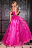 Hot Pink A-Line Spaghetti Straps Long Corset Prom Dress with Slit