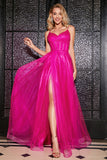 Hot Pink A-Line Spaghetti Straps Long Corset Prom Dress with Slit