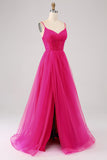 Fuchsia A-Line Spaghetti Straps Long Corset Prom Dress with Slit