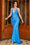 Mermaid Spaghetti Straps Blue Sequins Long Prom Dress