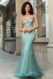 Light Green Tulle Mermaid Spaghetti Straps Long Corset Prom Dress With Appliques