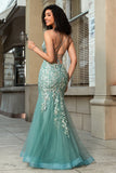 Light Green Tulle Mermaid Spaghetti Straps Long Corset Prom Dress With Appliques