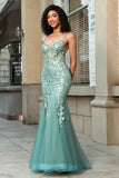 Light Green Tulle Mermaid Spaghetti Straps Long Corset Prom Dress With Appliques