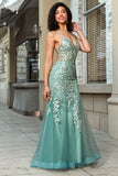 Light Green Tulle Mermaid Spaghetti Straps Long Corset Prom Dress With Appliques