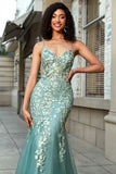 Light Green Tulle Mermaid Spaghetti Straps Long Corset Prom Dress With Appliques