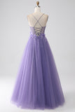 Purple A-Line Spaghetti Straps Corset Prom Dress with 3D Flowers