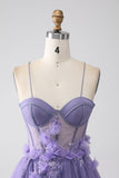 Purple A-Line Spaghetti Straps Corset Prom Dress with 3D Flowers