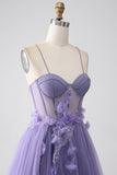 Purple A-Line Spaghetti Straps Corset Prom Dress with 3D Flowers