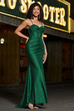 Stylish Dark Green Mermaid Spaghetti Straps Long Corset Prom Dress With Slit