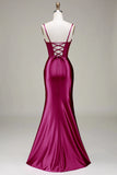 Burgundy Satin Spaghetti Straps Prom Dress with Corset