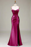 Burgundy Satin Spaghetti Straps Prom Dress with Corset