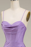 Satin Spaghetti Straps Lilac Purple Prom Dress with Corset