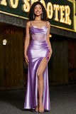 Stylish Mermaid Spaghetti Straps Purple Corset Prom Dress with Split Front