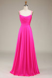 Hot Pink Spaghetti Straps A-line Prom Dress with Pleated