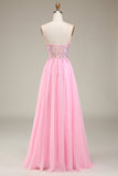 Pink Corset Spaghetti Straps A-line Prom Dress with Pleated