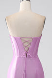 Strapless Purple Mermaid Corset Prom Dress with Pleated