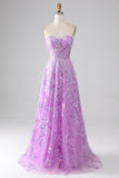 Purple A-Line Strapless Corset Prom Dress with Appliques