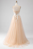 A-Line Champagne Strapless Corset Prom Dress with Appliques