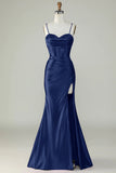 Royal Blue Mermaid Spaghetti Straps Long Prom Dress With Slit