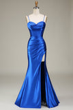 Royal Blue Spaghetti Straps Mermaid Long Prom Dress With Slit