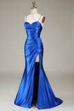 Royal Blue Spaghetti Straps Mermaid Long Prom Dress With Slit