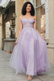 Purple A Line Off the Shoulder Long Corset Prom Dress With Appliques