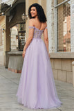 Purple A Line Off the Shoulder Long Corset Prom Dress With Appliques