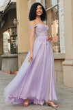 Purple A Line Off the Shoulder Long Corset Prom Dress With Appliques