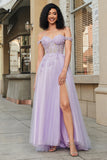 Purple A Line Off the Shoulder Long Corset Prom Dress With Appliques