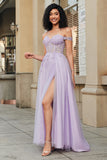 Purple A Line Off the Shoulder Long Corset Prom Dress With Appliques