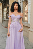 Purple A Line Off the Shoulder Long Corset Prom Dress With Appliques